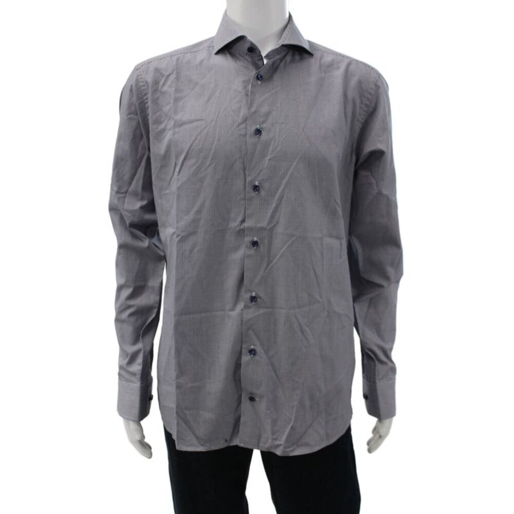 Eton Mens Gray Checked Cotton Collared Dress Shirt Long Sleeve Size 16.5